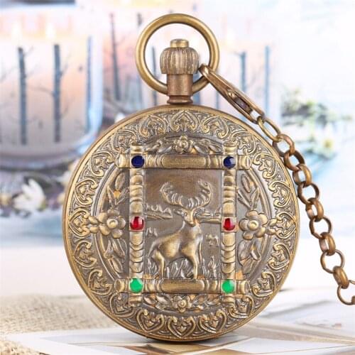 Luxury Pure Copper Roman Numerals Self Winding Mechanical Pocket Watch Elk Deer Crystal Double Hunters Tourbillon Pendant Clock