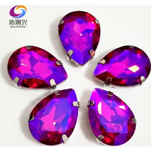 Super beauty Red AB color drop shape Glass Crystal sew on claw rhinestones with holes,Diy Clothing accessories SWS27