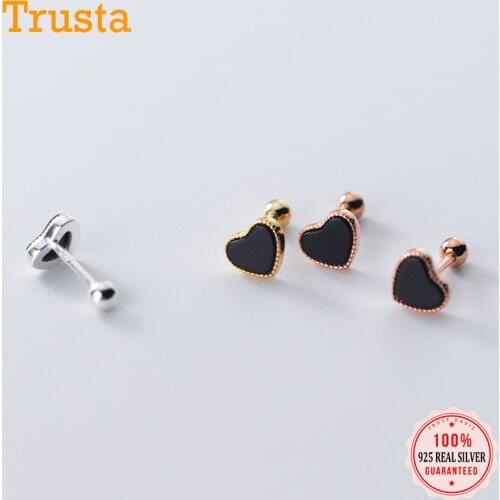 Trustdavis Real 925 Sterling Silver Fashion Romantic Black Heart Bead Screw Stud Earrings For Women Wedding Fine Jewelry DA2011