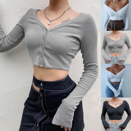 Crop Tops Sexy Basic All-Match V Neck Knit Casual Tshirts Cotton Summer Long Sleeve Short Tops Shirt Streetwear Tee Shirt