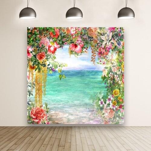 Square Seaside Flowers Door Custom Vinyl Photo Wedding Background Studio Cartoon Decors Birthday Baby Shower Banner Backdrops