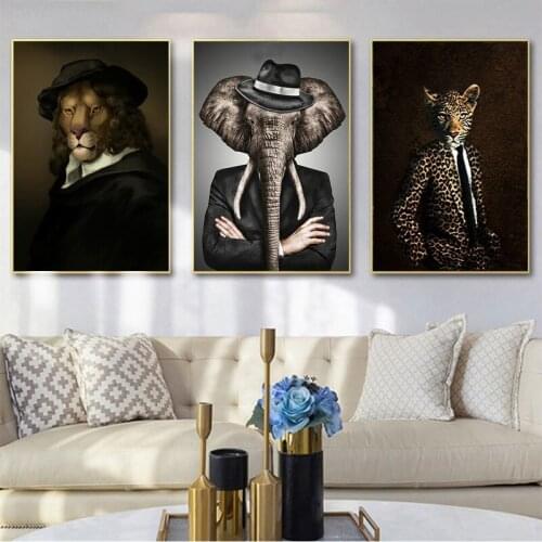 Vintage Animal Art Elephant Lion Head Gentleman Canvas Painting Wall Art Posters Prints for Living Room Wall Pictures Home Decor