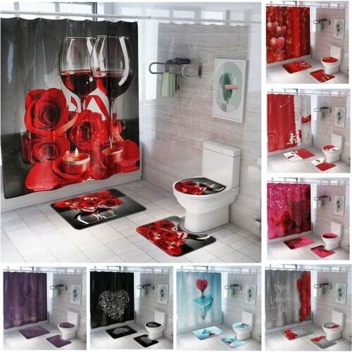 Red Rose Love Heart Waterproof Shower Curtain Purple Love Bathroom Curtains Pedestal Rug Lid Toilet Cover Mats Bath Set Decors