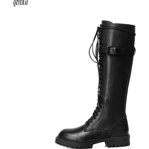 European Genuine leather Women boots Martin boots The knee boots lace-up The girls boots Womens shoes