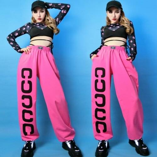 Ladies Jazz Dance Costumes Korean Dance Festival Clothing Cropped Top Letters Pink Trousers Hip Hop Dance Stage Gogo Wear SL5313