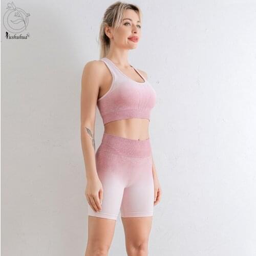 Yushuhua Ombre 2Pcs Women Sport Suit Gym Set Sexy Bra Seamless Shorts Workout Running Clothing Gym Wear Athletic Yoga Set