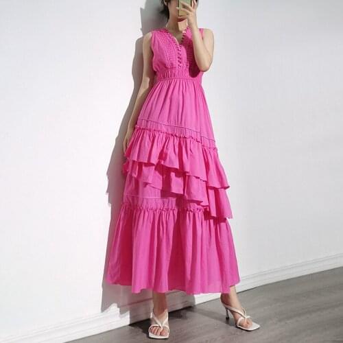 New Pink Color Ruffles Fashion Women Long Dresses Sleeveless Tank V-Neck Casual Retro Hip Hop Lady Dress Vestidos