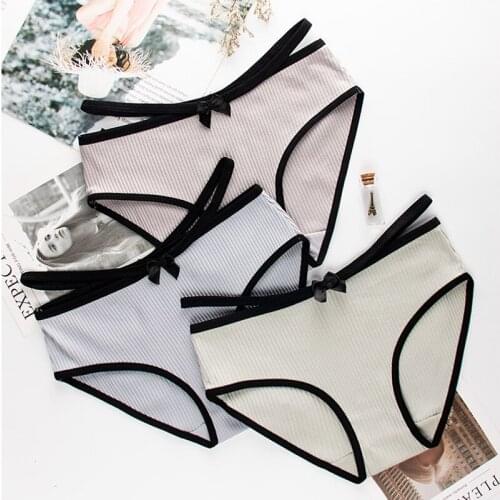 Wasteheart Fashion Gray Cotton Bow Low Waist Straps Women Panties Underwear Lingerie Women Briefs 3 Piece 3 Color Underpants