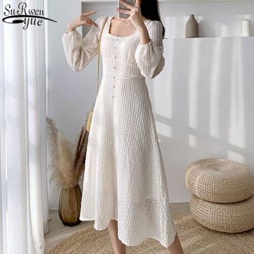 French Style Retro Square Collar Puff Sleeve Women Dress High Waist Type A Apricot Long Dress with Zipper Sweet Vestidos 12917