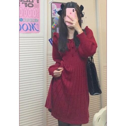 Korean Style Retro Long-Sleeved Red Knitted Dress for Women Sweet Temperament Waist-Controlled Slimming A line dress