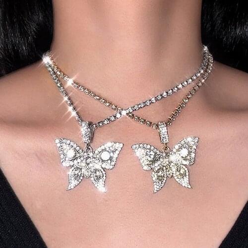 Iced Out Full Rhinestone Paved Metal Butterfly Chain Necklace For Women Gold Silver Color Shiny Animal Tennis Choker Jewelry New