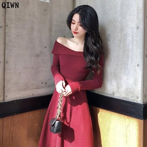 One-Piece Off Shoulder Sweater Dress Women Autumn Winter Slim Korean Chic Streetwear Knit Dress Woman Bodycon Midi Dresses Lady