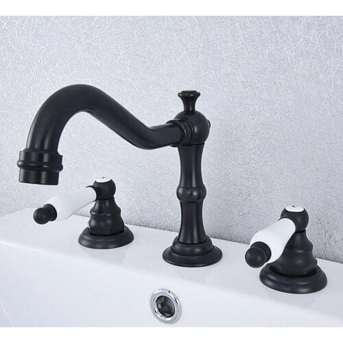 Black Oil Rubbed Brass Deck Mounted Dual Ceramic Levers Widespread Bathroom 3 Holes Basin Sink Faucet Mixer Taps msf542