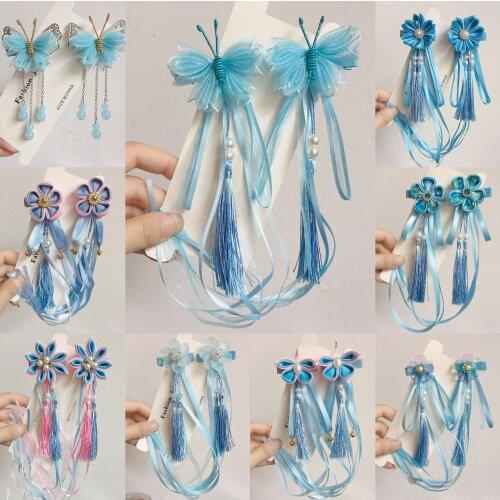 A pair of blue series Chinese style fringed ribbons, childrens hairpin, flower headdress, Tang suit, Hanfu accessories, head fl