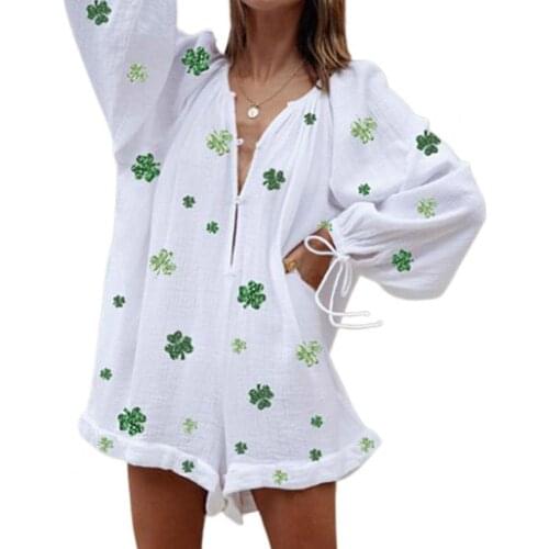 Summer Cute Lantern Sleeve Solid Color Print V Neck Buttons Women Romper Cargo Pants Short Jumpsuit Sweet Outfits for Summer