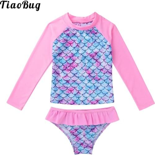 TiaoBug Summer Kids Girls Fish Scales Printed Swimwear Tankini Long Sleeves Rashguard Swimsuit Bathing Suit Set Tops With Bottom