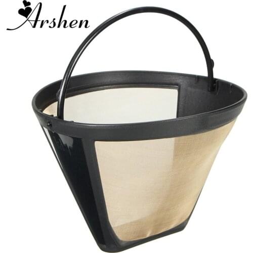 Arshen Reusable 10-12 Cup Coffee Filter Permanent Cone-Style Coffee Maker Machine Filter Gold Mesh With Handle Cafe Coffees Tool