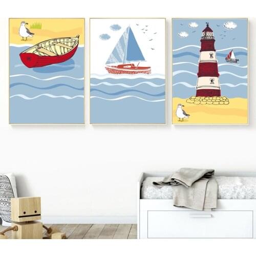Cartoon Boat Lighthouse Canvas Painting Wall Art Nordic Posters and Prints Wall Pictures for Living Room Decoration Frameless