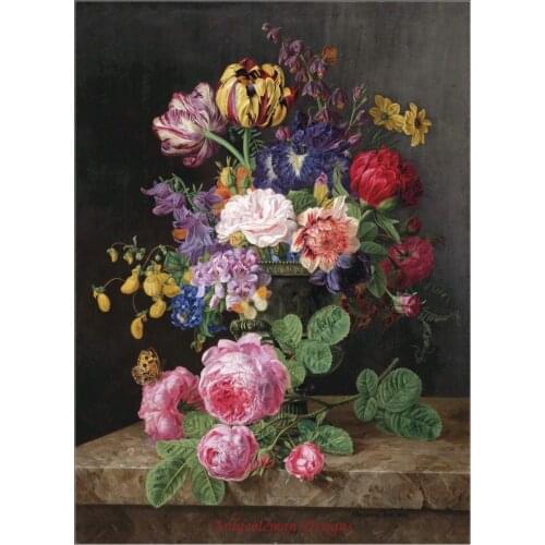 Needlework Crafts Full Embroidery DIY DMC - Counted Cross Stitch Kits 14 ct - Floral Still Life of Roses, Tulips, Black Irises
