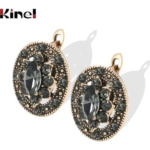 Kinel Charm Boho Women Stud Earrings Antique Gold Color Gray Crystal Ethnic Bridal Wedding Vintage Jewelry Russia Accessories