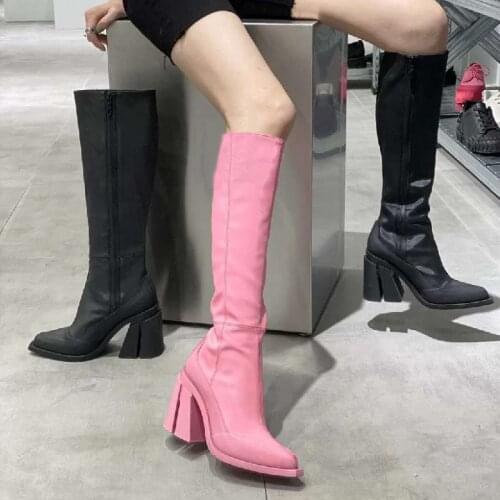 Pink Knee-High Boots For Women Stretch High Heels Sexy Shoes Women Pointed Toe Side Zipper Boots Female Fashion Botines Mujer