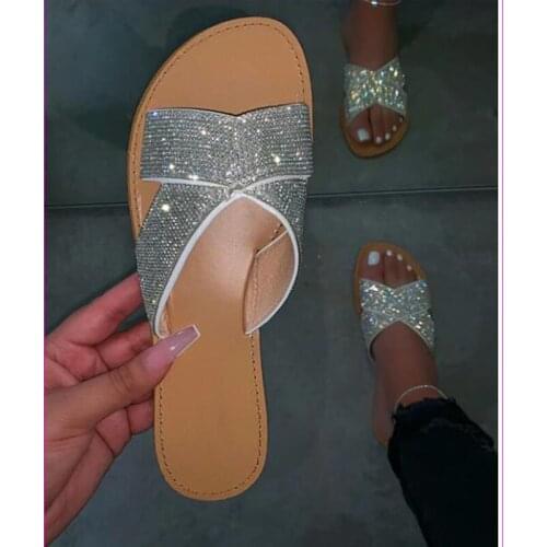 Rhinestone slippers 2020 new women shoes woman fashion wild beach flip flop bright flat bottom outdoor slides student sandals