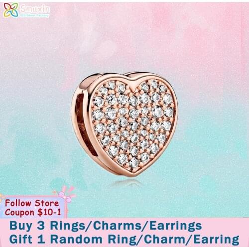 Smuxin 925 Sterling Silver Bead Pave Heart Clip Charm fit Original Pandora Bracelets for Women Jewelry Making Girl Gift