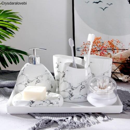 Wedding Gift Nordic Marble Texture Ceramic Bathroom Accessories 7pcs Set/Soap Dispenser/Toothbrush Holder/Melamine Tray