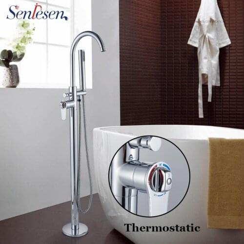 Senlesen Bathroom Thermostatic Free Standing Floor Tub Faucet Pop-Up Handle Cold and Hot Mixer Water Tap Bathtub Faucets