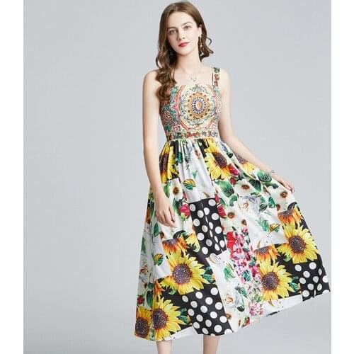 Sunflower Polka Dot Print Vintage Summer Dress Spaghetti Strap Boho Sleeveless French Dress Women Slash Neck Sexy Dresses Women