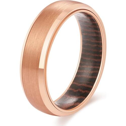 POYA TUNGSTEN Ring Rose Gold Plated 6mm Beveled Edges Wenge Wood Inlay Wedding Band for Men Women