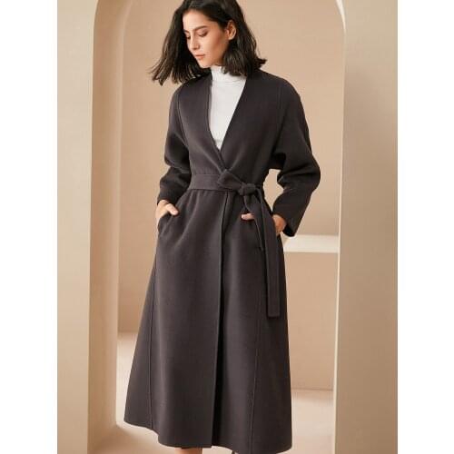 High-end double-sided cashmere coat womens coat 20 autumn and winter new V-Neck long lace up slim wool coat
