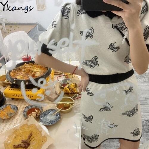 Butterfly Print Button Short Puff Sleeve Y2k Harajuku Tops Korean Fashion Slim High Waist A-line Skirts Knitted Casual Set Women