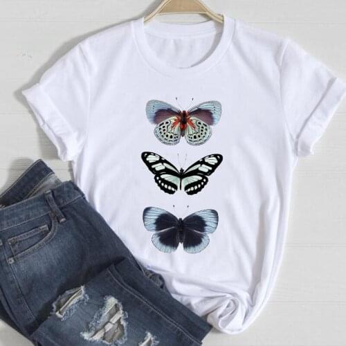 T-shirts Women Butterfly Casual Elegant 2021 Spring Summer 90s Cute Clothes Stylish Tshirt Top Lady Print Ladies Tee T-Shirt