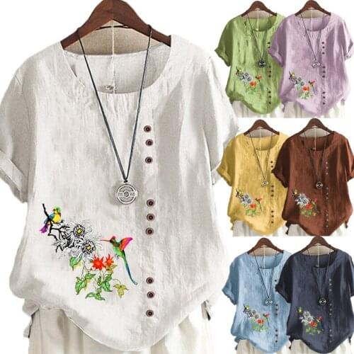 New Arrival Summer Fashion Womens Floral Printed Linen T-shirt Casual Loose Round Neck Short Sleeve Shirt Blouse Tops Plus Size