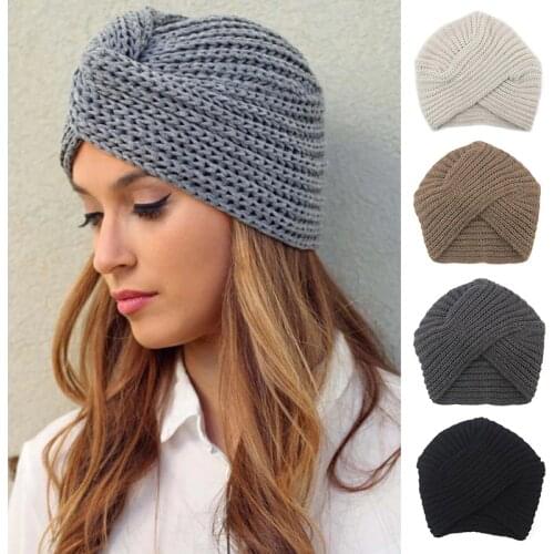 Bohemia Style Turban Hat Women Cashmere Cross Wrap Head Indian Hats Female Winter Knitted Warm Muslim Cap
