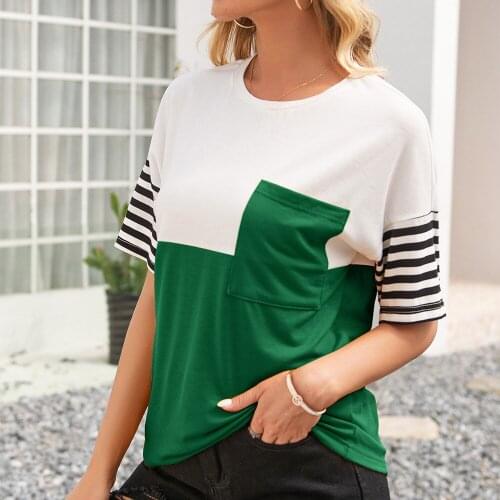 Women Short Sleeve T Shirts Summer Casual Ladies O Neck Striped Patchwork Front Pocket Tee Tops Female Loose T-Shirts Streetwear