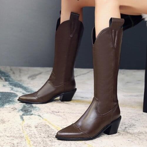 Western Boots Women Knee High Cowboy Boots Fashion Pointed Toe Sewing Shoes Female High Heels Thick Shoes Ladies Autumn Winter