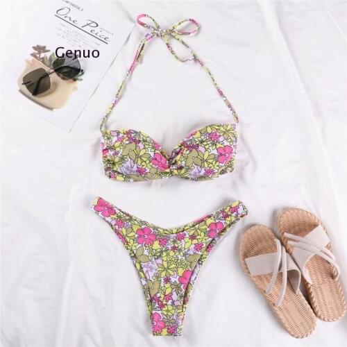2021 New Sexy Floral Halter Bikini Women Swimwear Female Swimsuit Two-pieces Bikini set Brazilian Bather Bathing Suit Swim