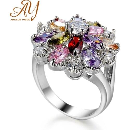 Anillos Yuzuk Women 925 Sterling Silver Colorful Flower Rings Water Drop Big Cubic Zircon Romantic Promise Engagement Jewelry