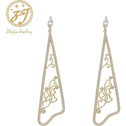 Zhijia triangle hollow small heart shape gold silver color rhinestone crystal stud earrings for women party jewelry gifts