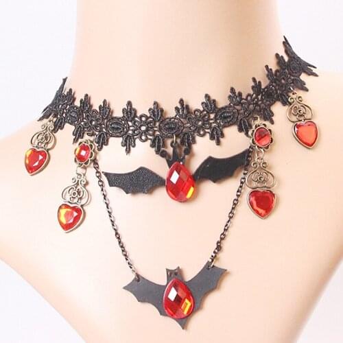 1PC Gothic Jewelry Red Bat Halloween Necklace Lace Choker Necklace for Women Christmas Black Layered Necklace
