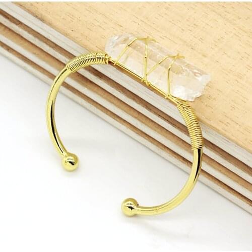 100-Unique 1 Pcs Exclusive Design Light Yellow Gold Color Wire Wrap Irregular Shape Clear Quartz Bangle