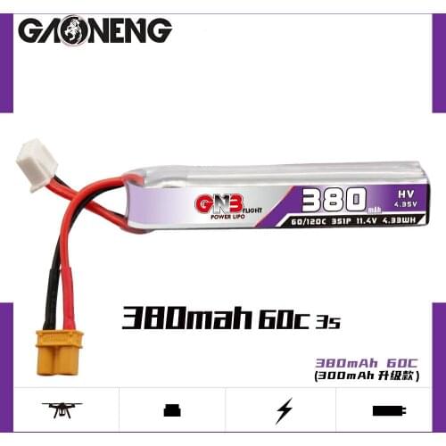 2PCS Gaoneng GNB 300mAh 3S 11.4V 30C/60C HV Lipo battery XT30 Plug for FullSpeed TinyLeader whoop3S Drone RC FPV Drone Parts
