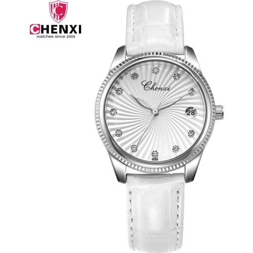2018 Fashion Chenxi Brand Leather Women Casual Watch Lady Quartz Wrist Watches 30m Waterproof White Wristwatches Rhinestone