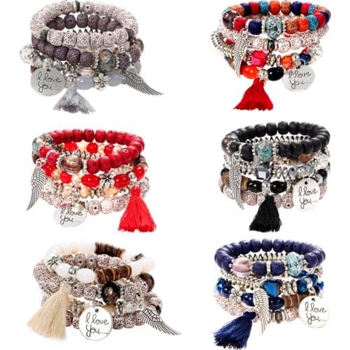 4 Pcs/Set Four Seasons Bohemian Multi-layer Beaded Jewelry and Women Elastic Bracelet 2019 New