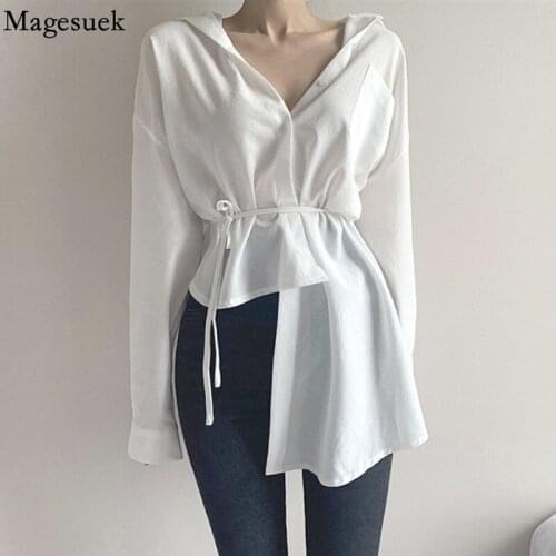 Korean Style White Blouse for Women Casual Lace-up White Irregular Autumn Shirt Long Sleeve V-neck Cardigan Button Up Tops 11677