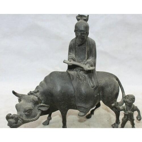 Fast shipping USPS to USA S2565 10" China Bronze FengShui Folk Tong Zi Boy elder ride Bull Oxen Statue sculpture