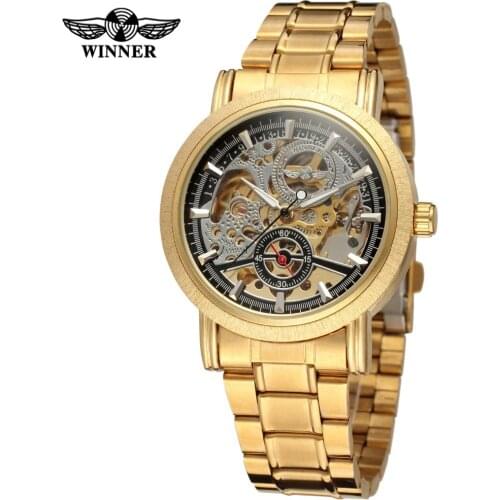Winner Mens Watch Hot Sale Luxury Fashion Skeleton Stainless Steel Band Attractive Famous Brand Wristwatch Color Gold WRG8077M4