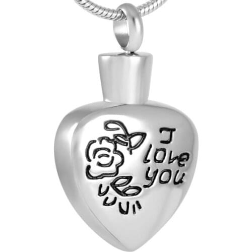 IJD8362 Engraving" I lOVER YOU "Flower Keepsake Cremation Jewelry Necklace for Ashes Stainless Steel Heart Urn Memorial Pendant